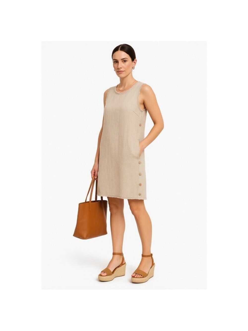Lost in Lunar Linen Cotton Shift Dress Fringe Trim, Beige Oatmeal Sleeveless, S